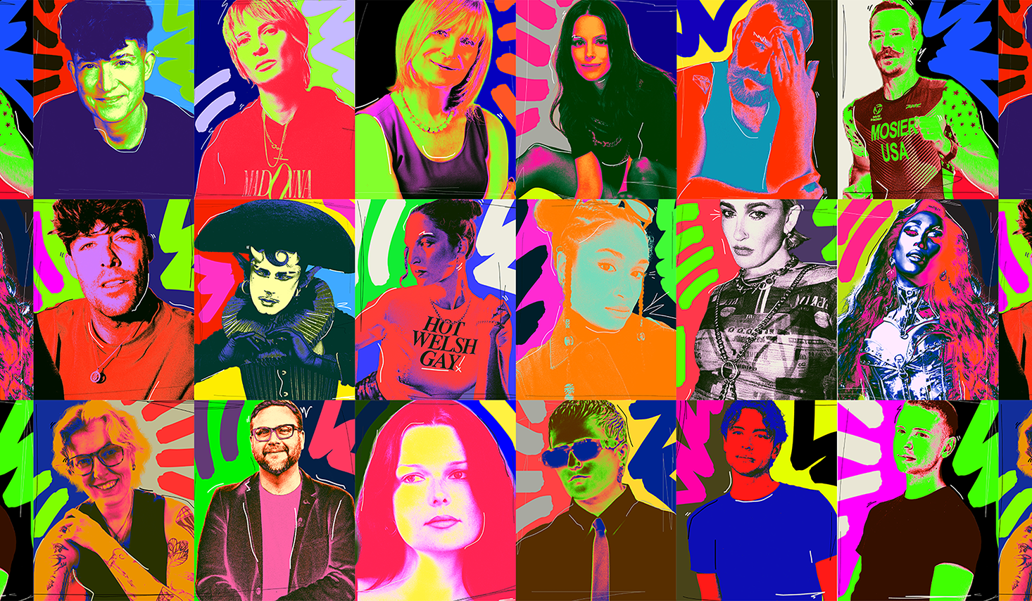 Pop-art grid of queer portraits in saturated neon colour bands